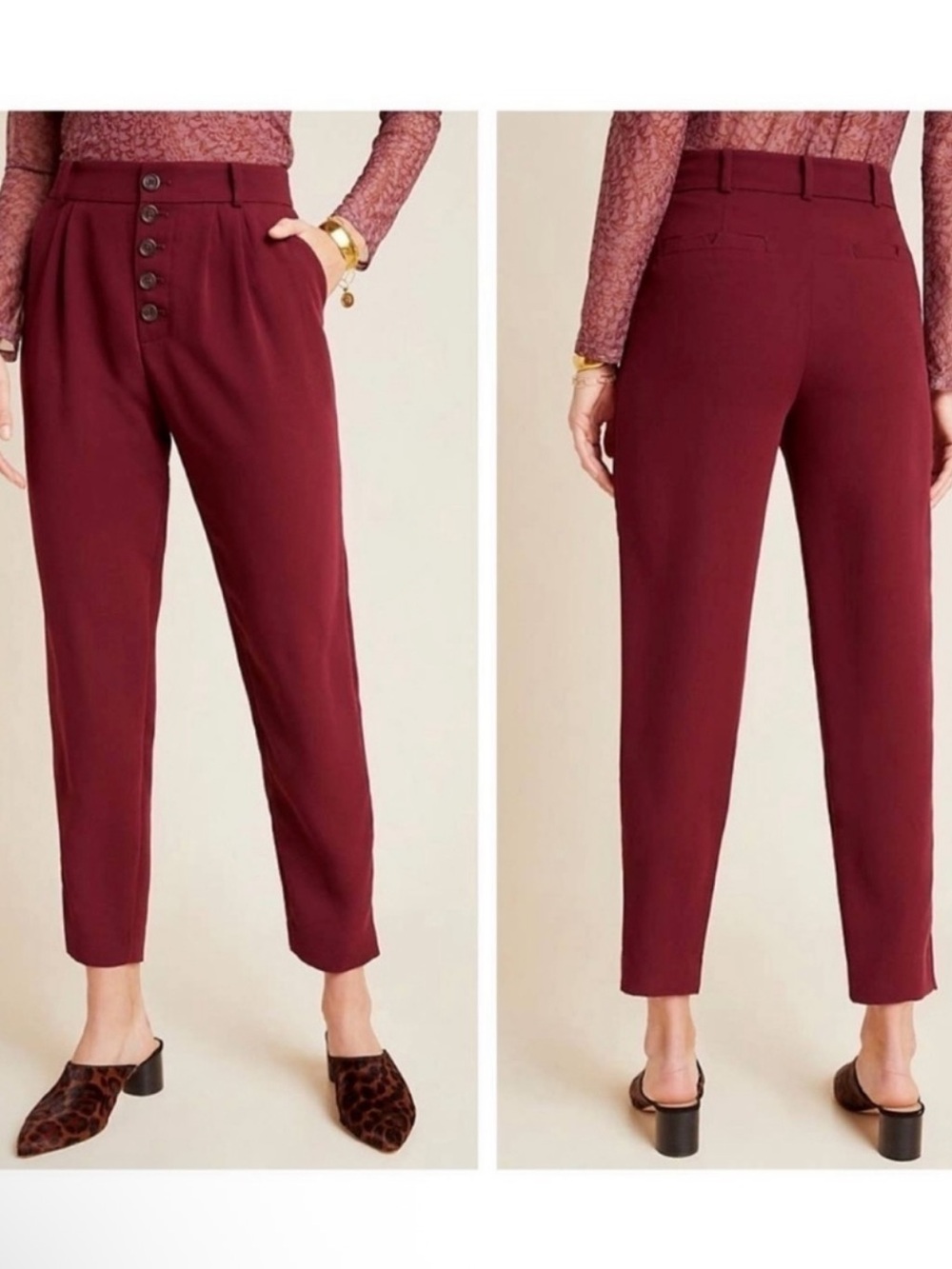 By Anthropologie Sasha Button Front Pants Size 6 Wine Tapered Ankle Lightweight
